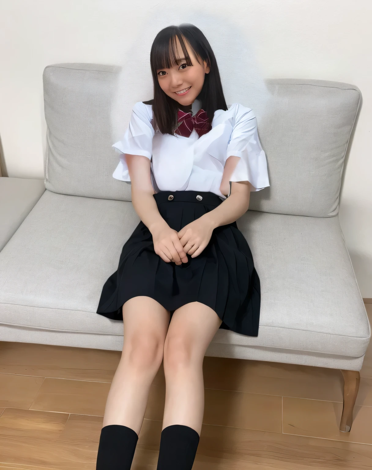 Super detailed,Highest quality,1 female,sitting on a big white sofa,Looking up at me,Sitting with knees together,White short sleeve blouse,She is wearing a checkered pleated mini skirt,Black socks,Both hands on the skirt,Posing for a photo,The background is blurred