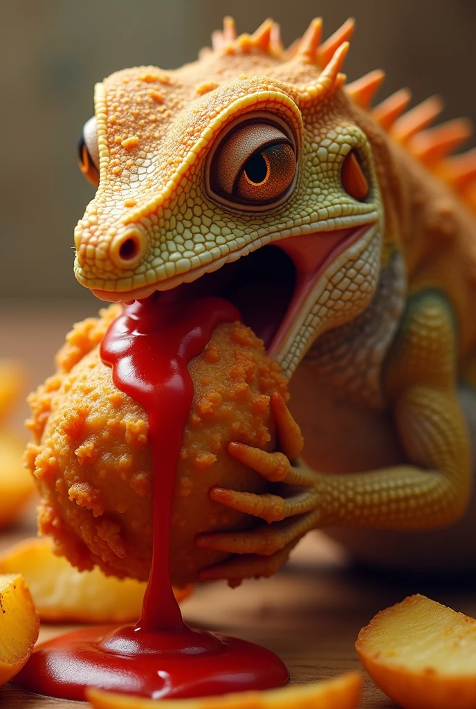 A lizard with a mouth full of ketchup, eating fried chicken thigh. Several potatoes scattered around the chicken.