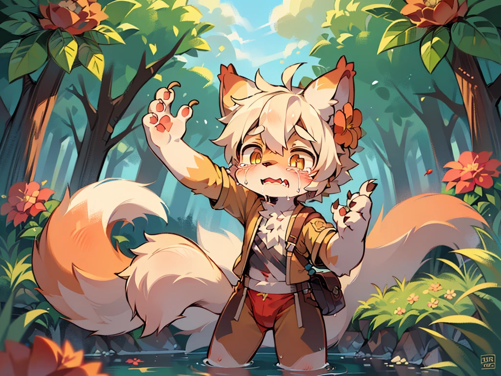 masterpiece,high quality,abstract res,number\(artwork\), From dagasi, Yes,Seizan,(Flower Charcoalo,Fluffy fur,character focus:1.1),Flower Charcoalo male wolf,short hair,portrait , Bright eyes, panoramic, character focus.(Detailed background:0.7), solo, hairy, hairy male, Male focus, Masterpiece of time,high quality,abstract res,number\(artwork\), From dagasi, Yes,Seizan,(Flower Charcoalo,Fluffy fur,character focus:1.1),Werewolf，Bright eyes, panoramic, character focus.(Detailed background:0.6）, solo, hairy, hairy male, Male focus, Flower Charcoal,(Hairy all over, Hairy tail）fur，A -year boy，e，Hip bulge，Toddler，Blood-red pupils，A tail with a white tip，The ends of the limbs are white，Cute meat pads，Claw，cute boys，The ear tips are orange，Big hairy ears，Hairy big tail，Reasonable composition，Pale yellow hair，naked，Brown cloth bag，In the woods，Extremely fine water，diaper，Slightly reddened，Dress coolly，Blonde short hair，Thin children，White hair，cute child，cute e adventurer，Be open-minded，Ultra-clear ,crying