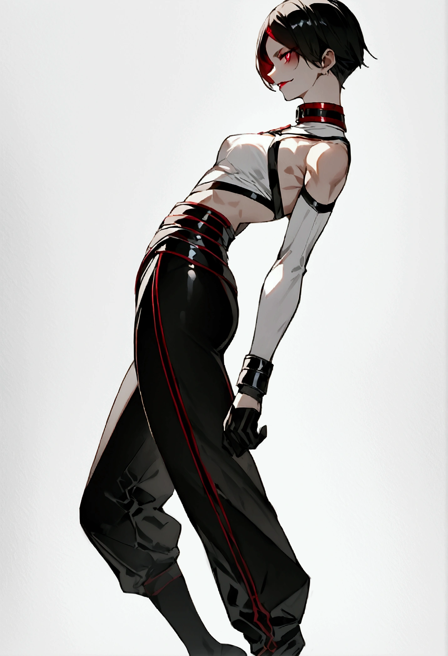 fully body,standing,alone,short hair,work of art,face detailed,young fitness linda,Wearing black pantyhose,tight white sweater with collar ,neckleace,evil smile,red eyes glowing,labiaa,eye shadow,bangs on the eyes,black gloves,from sideways,perfil from sideways
