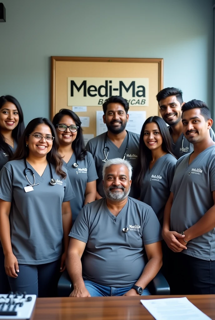 A team of women as well men employees stand with similar t shirt name with medi-ma also bulletin board name with medi-ma. the owner sit on the table name with piyush sain also show medical Shop name with medi-ma all employees stand around the owner and their are two owner wearing t shirt name with piyush and Shubham