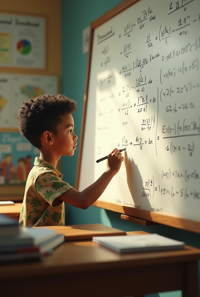 A Brazilian northeastern boy solving integrals on a classroom whiteboard.