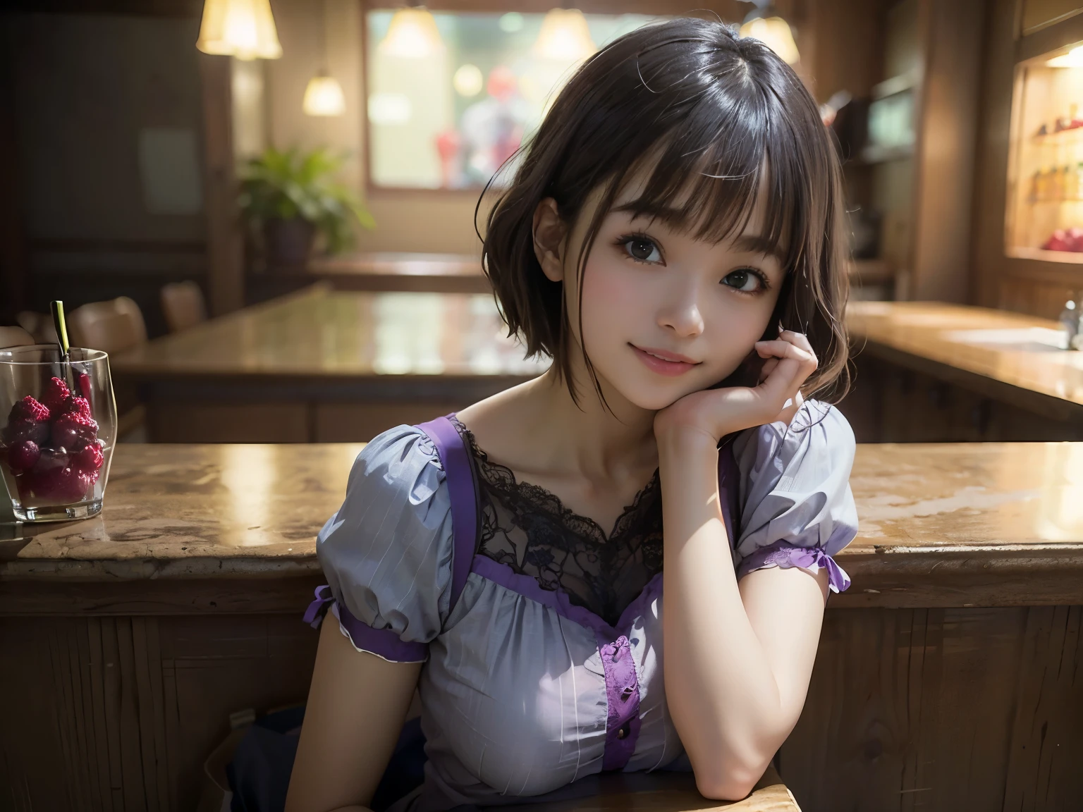 (Highest quality, masterpiece, Ultra-high resolution, 8k, RAW Photos, Realistic, Anatomically correct:1.5), 20-year-old girl:1.2, Embarrassing, avert your eyes, blush:1.0, View Viewer, ((bar)) 、Large windows、Night view、 Light:1.2, Bokeh, Cinema Lighting:1.0, Depth of written boundary, sharp、 Cute Face、Idol、(Black short sleeve lace top)、(Black tulle skirt)、(Purple clothes)、(Green patterned clothes)、”dwarf”、(Full Body Shot)、(Side angle)、Cowboy Shot、( smile)、((Ultra short hair、Berry Short))、(Straight bangs)、((See-through))、(( One woman))、look back、I can see your belly button、