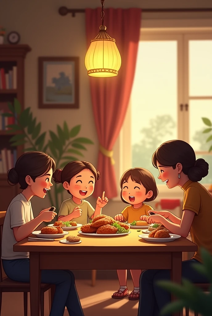 The family gathers around the dining table, sharing stories over a hearty meal.
