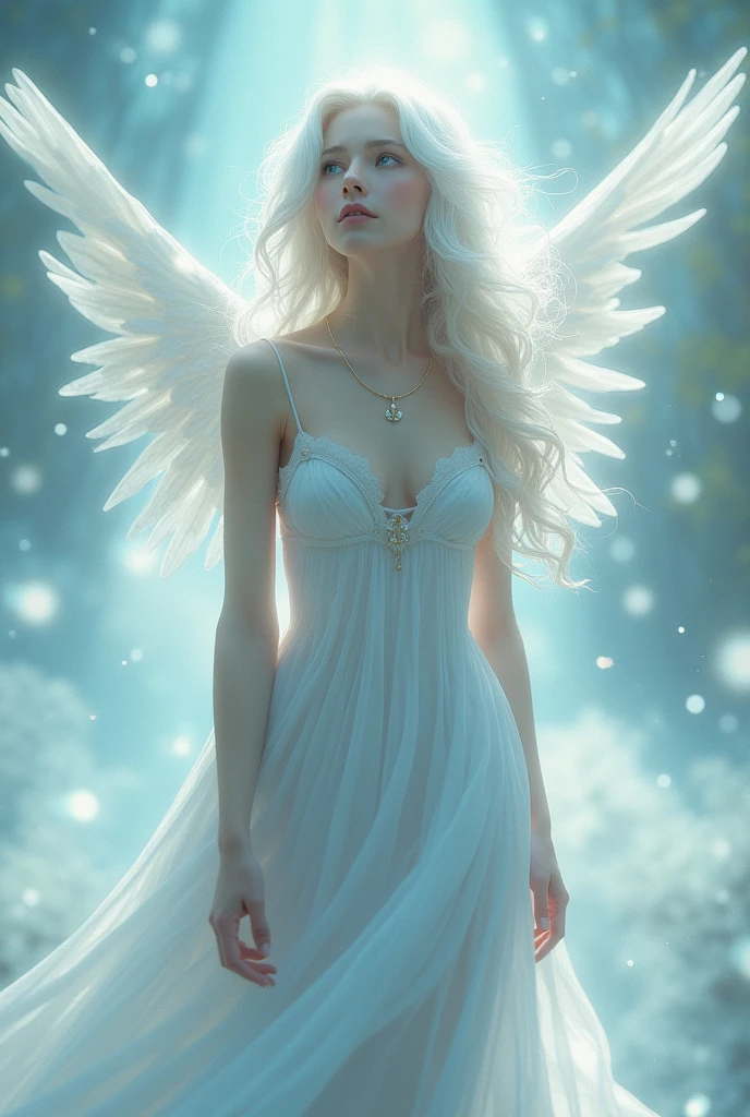 of a white girl with silver hair , blue eyes and be an angel