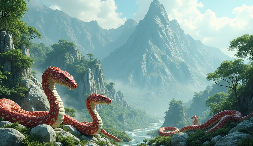 There are many white jade ores and pit vipers with red and white bodies and spikes on the tip of their noses on the mountain.（best quality，4K，8k，High level，masterpiece：1.2），Ultra Detailed，（lifelike，Photo real，Photo real：1.37）