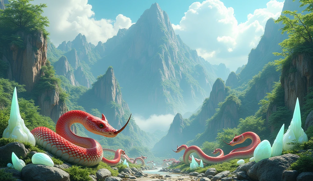 There are many white jade ores and pit vipers with red and white bodies and spikes on the tip of their noses on the mountain.(best quality,4K,8k,High level,masterpiece:1.2),Ultra Detailed,(lifelike,Photo real,Photo real:1.37)