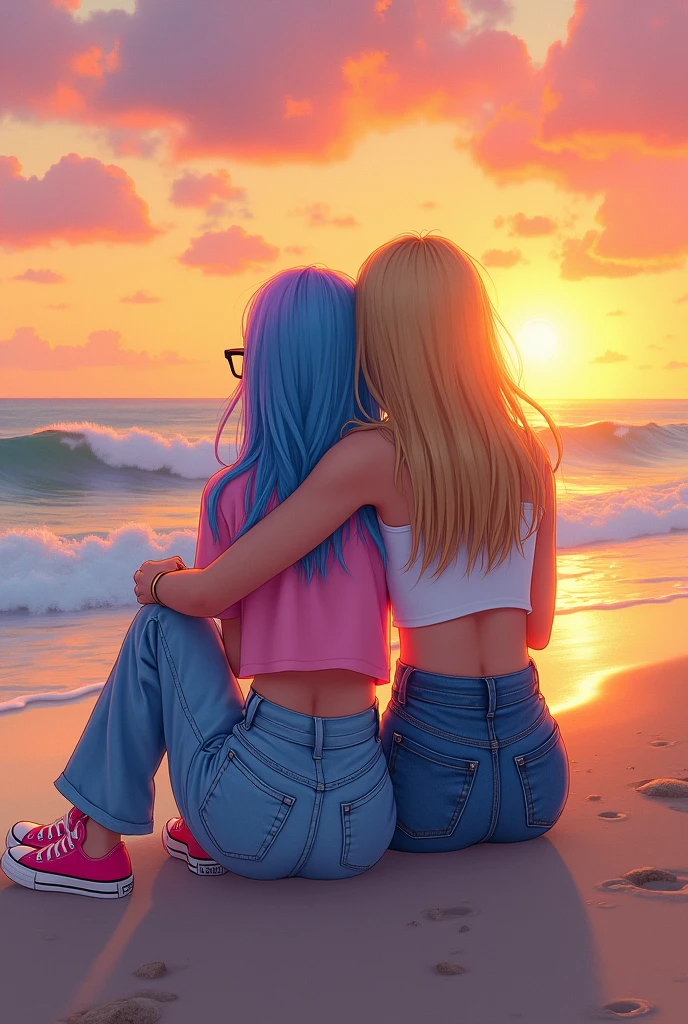 Drawing of two girlfriends, one with blue hair with purple highlights and the other blonde with straight hair. The blonde is wearing a casual look with very wide jeans, e cropped rosa, also wears gray prescription glasses. The one with blue hair wears a denim mini skirt and a white crop top., gray prescription glasses too. The two of them then sat watching the sunset on the beach., using pink all stars... Hugging and the blonde is a little bigger than the one with blue hair
