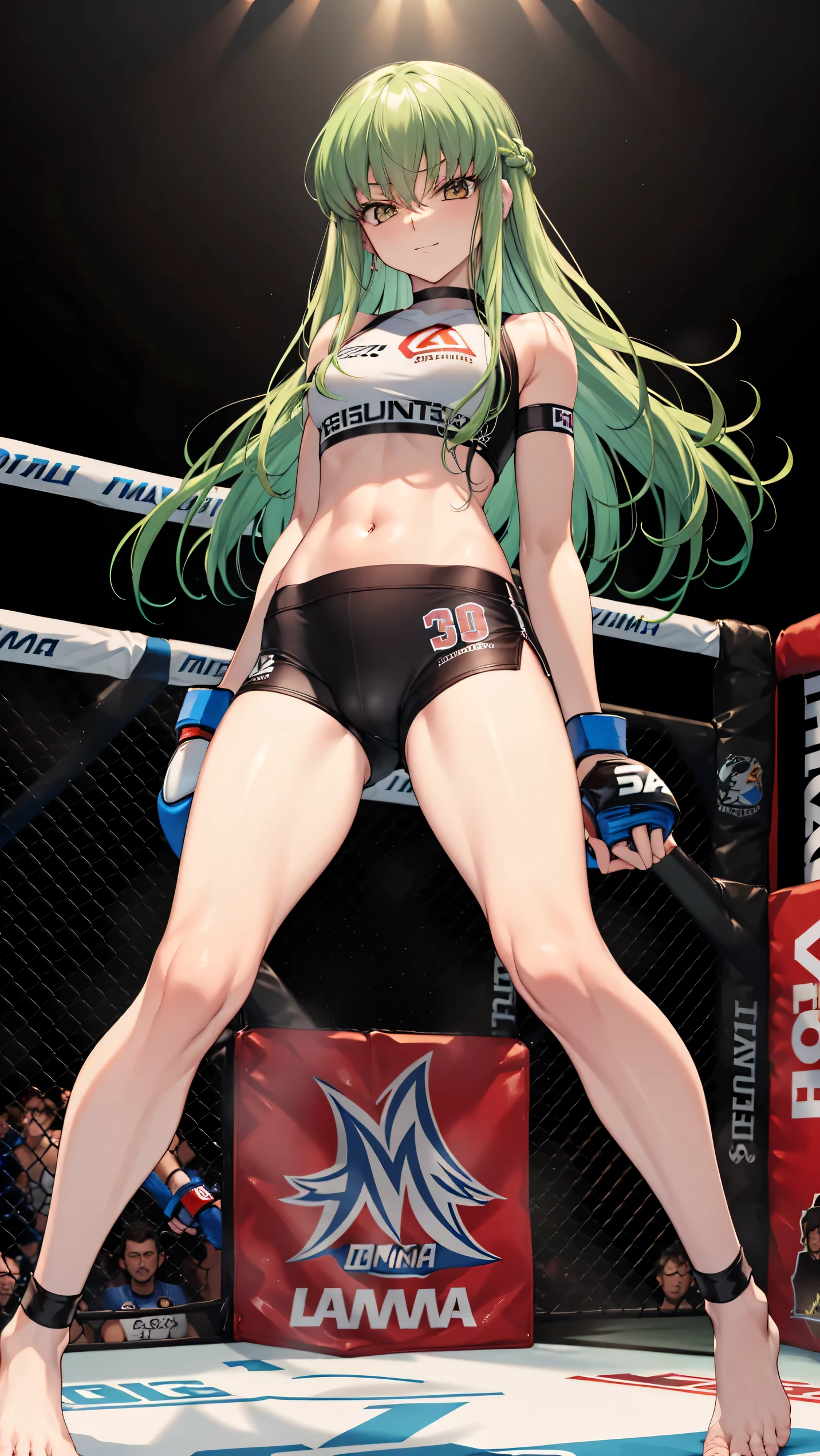 CC_Code Geass, Hair between the eyes, Very long hair 1 person, Bright light, smirking, alone, Full body shot, From below, (masterpiece, Highest quality), 8k, Intricate details, (on MMA Arena :1.5), (wearing MMA uniform:1.5, white tops and black bottoms:1.3), thigh, belly button,Slender body,Slim,((Highest quality)), Sharp focus: 1.2, Highly detailed face, Highly detailed eye,Toned stomach,