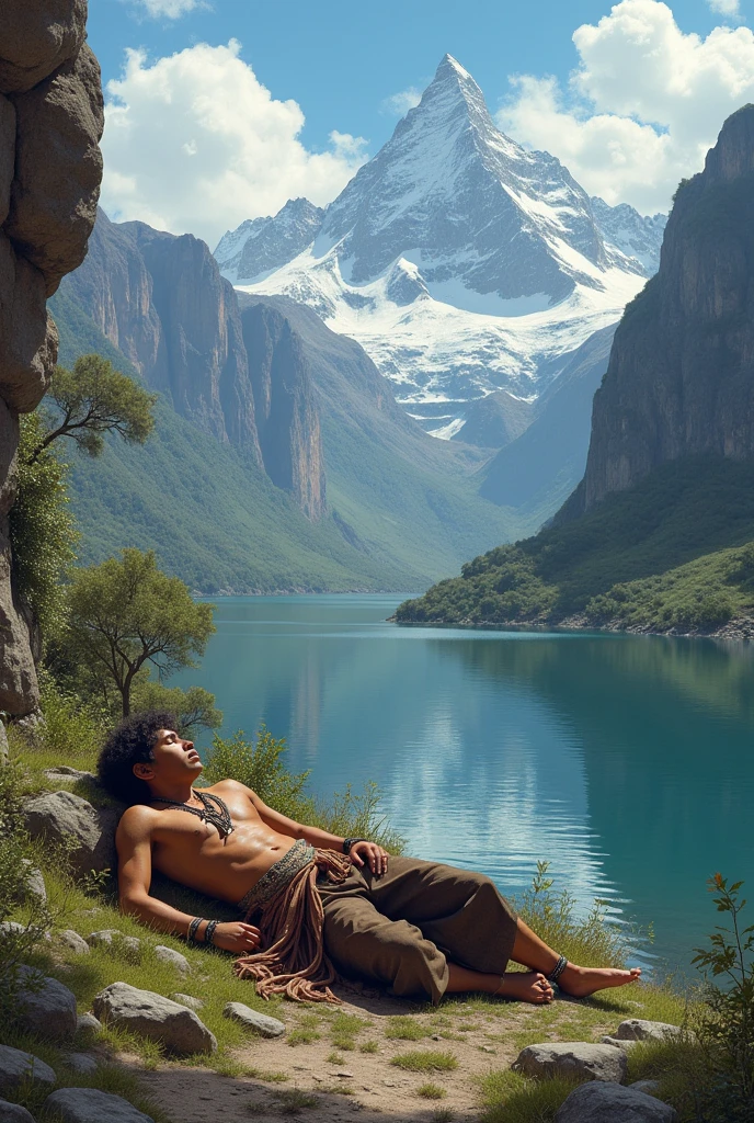 Young Andean man fell asleep next to a sacred lake