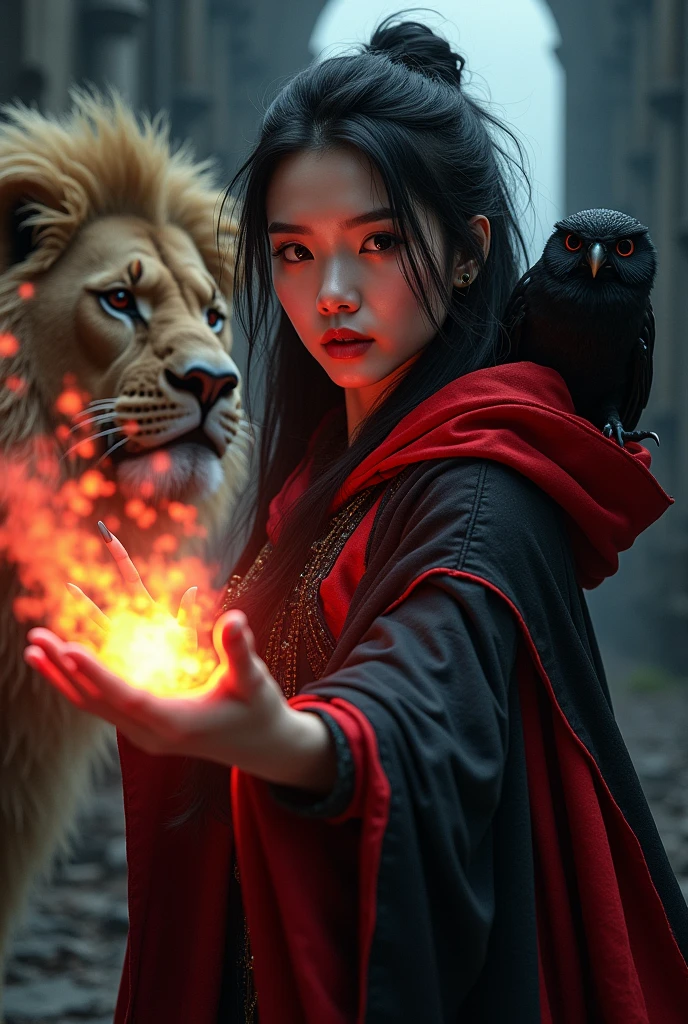 photo, asian woman, white skin, Facing straight, Half-body image size, Fluffy black hair, Long slender fingers, Black witch cloak, Red Hood, Sexy, There is a fireball in his hand., There were several red sparks and red smoke coming out of his hand., A black owl stands on the right shoulder., A large golden lion appeared from the left rear side., The background is an old black European style castle.