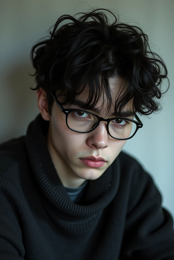 Young emo man with black curly hair wearing glasses and a sweater
