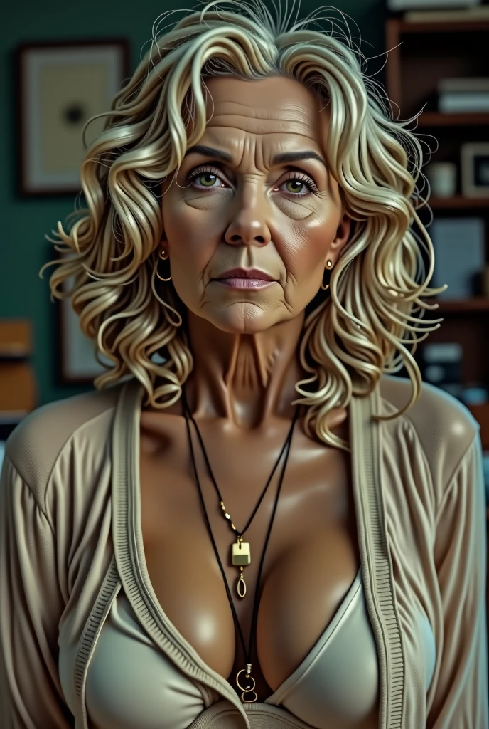 Photo of a mature american woman,Gilf,beautiful face,curly blonde hair,no bra,visible nipple, wrinkles, aged, necklace, crowded papers room, closeup, neutral colors, barren land,gigantic breasts,round breasts,big cleavage,see-through clothing,see-through cardigan sport bra,topless