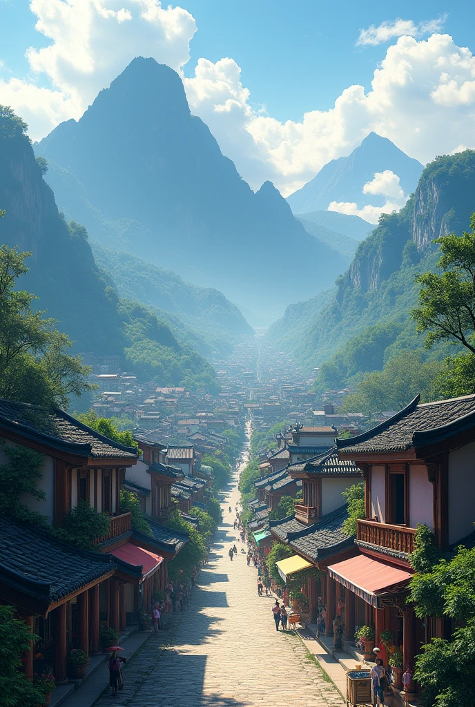 Vietnam's ancient town with a view from above, behind are mountains and clouds