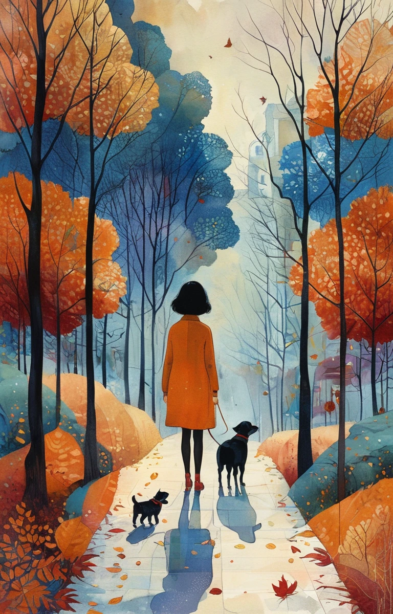 masterpiece,最high quality,Pop Art Style、A girl walking in a park with autumn leaves、Walking with the dog、View your viewers,figure,Diane Dillon Style,最高masterpiece、high quality、黄金比の構figure、