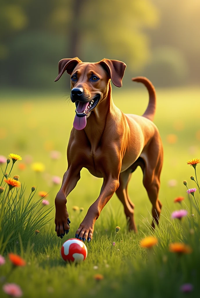 Brown Rhodesian Ridgeback female dog playing in the grass with a toy ball
