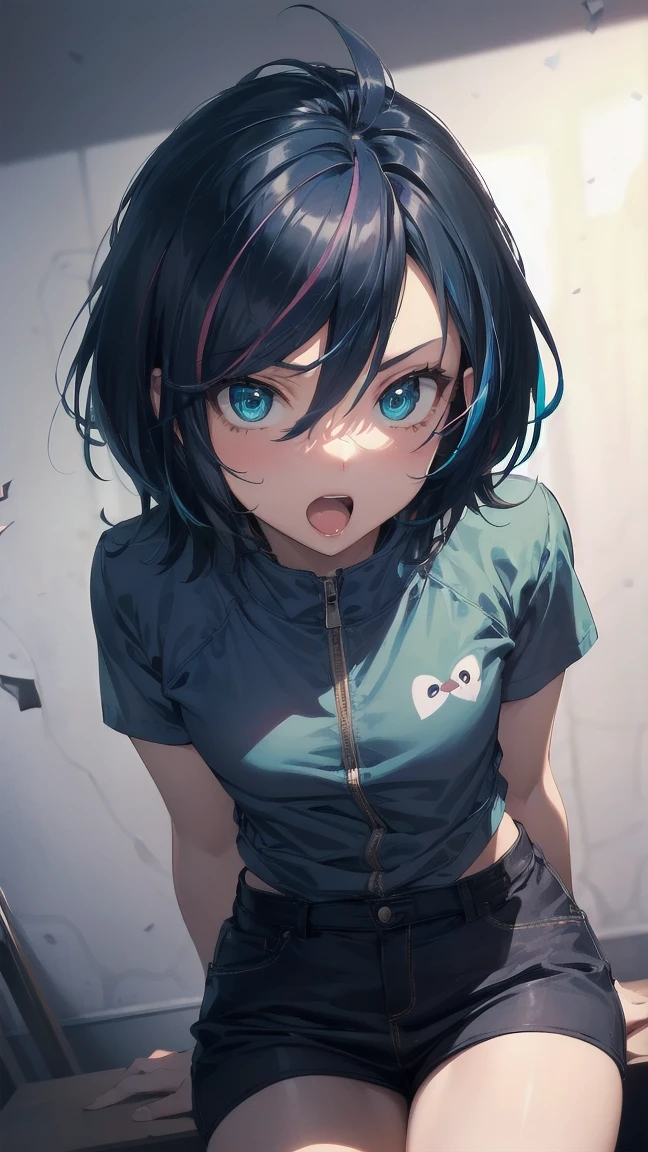 Close-up of a manga girl with blue hair and a yellow shirt, 2D Animation, 2D Animation style, 2D Art, 2D Art, 2D from Gorillaz, 2D from Gorillaz, 2D Gorillaz, Screaming Cerket, 2D Sprite, Jinx Face, short hair, Small breasts, hot pants, ((Black Hair, Inner bright blue hair:1.4))