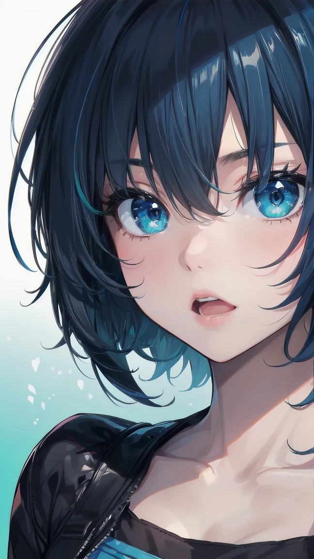 Close-up of a manga girl with blue hair and a yellow shirt, 2D Animation, 2D Animation style, 2D Art, 2D Art, 2D from Gorillaz, 2D from Gorillaz, 2D Gorillaz, Screaming Cerket, 2D Sprite, Jinx Face, short hair, Small breasts, hot pants, ((Black Hair, Inner bright blue hair:1.4))
