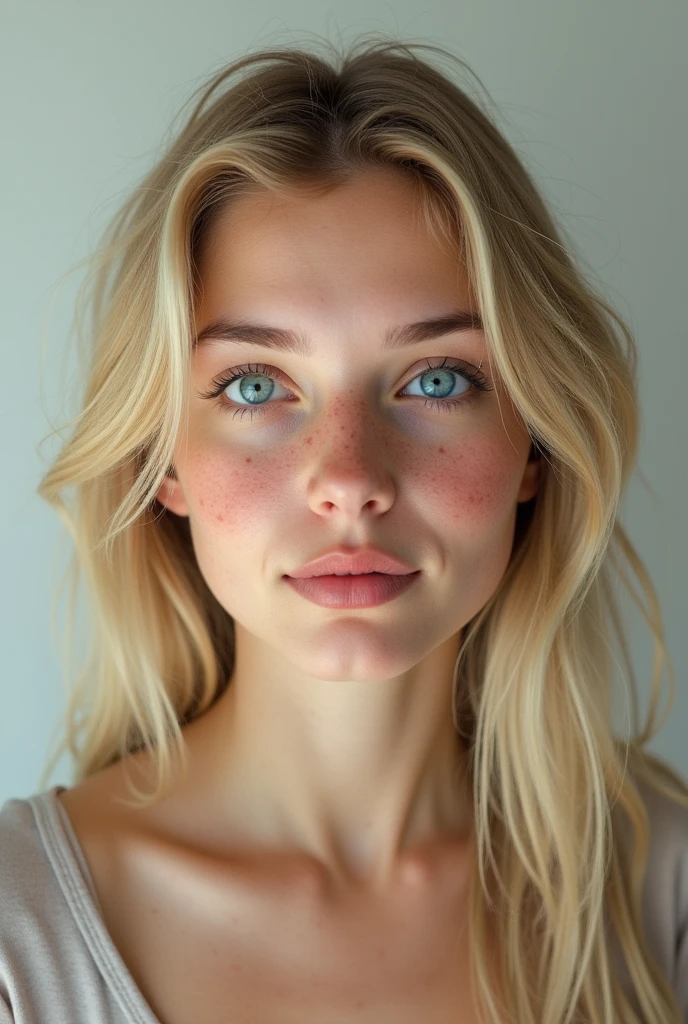 Photo realiste 1.2 : fille blonde de 19 ans, yeux bleu nez fin avec piercing et sur les joues des taches de rousseur, mâchoire ronde, photo d'identité