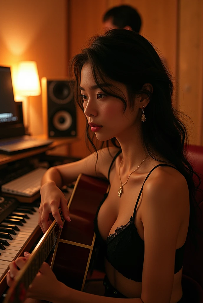 Cute asian sexygirl with guitsr sit on the chair and write a song studio room and having sex with a person