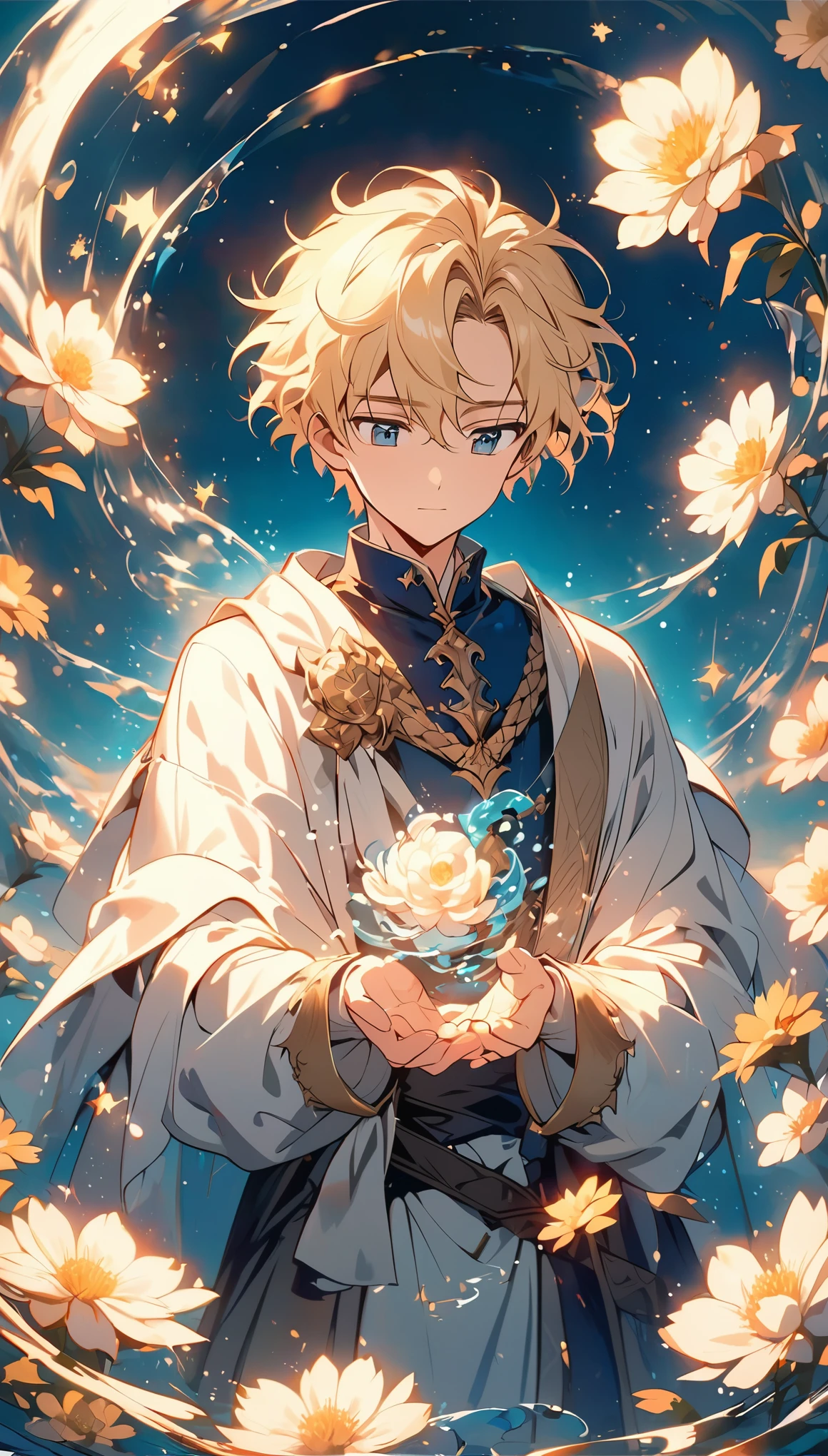 alone，beautiful young male，Duke, short hair,Exquisite anime style illustrations.blond hair, Soft style, rosy cheeks, with a dreamy, Slightly absent-minded expression, Capture a quiet moment of contemplation，Soft Light，messy hair，Water magic，stars shine，(whole body:1.3，wide angle，Look down at the camera)，Flower magic，medieval style，noble