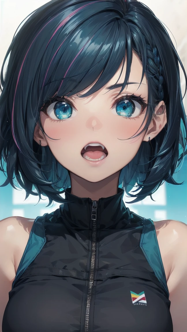 Close-up of a manga girl with blue hair and a yellow shirt, 2D Animation, 2D Animation style, 2D Art, 2D Art, 2D from Gorillaz, 2D from Gorillaz, 2D Gorillaz, Screaming Cerket, 2D Sprite, Jinx Face, short hair, Small breasts, hot pants, ((Black Hair, Inner bright blue hair:1.4))
