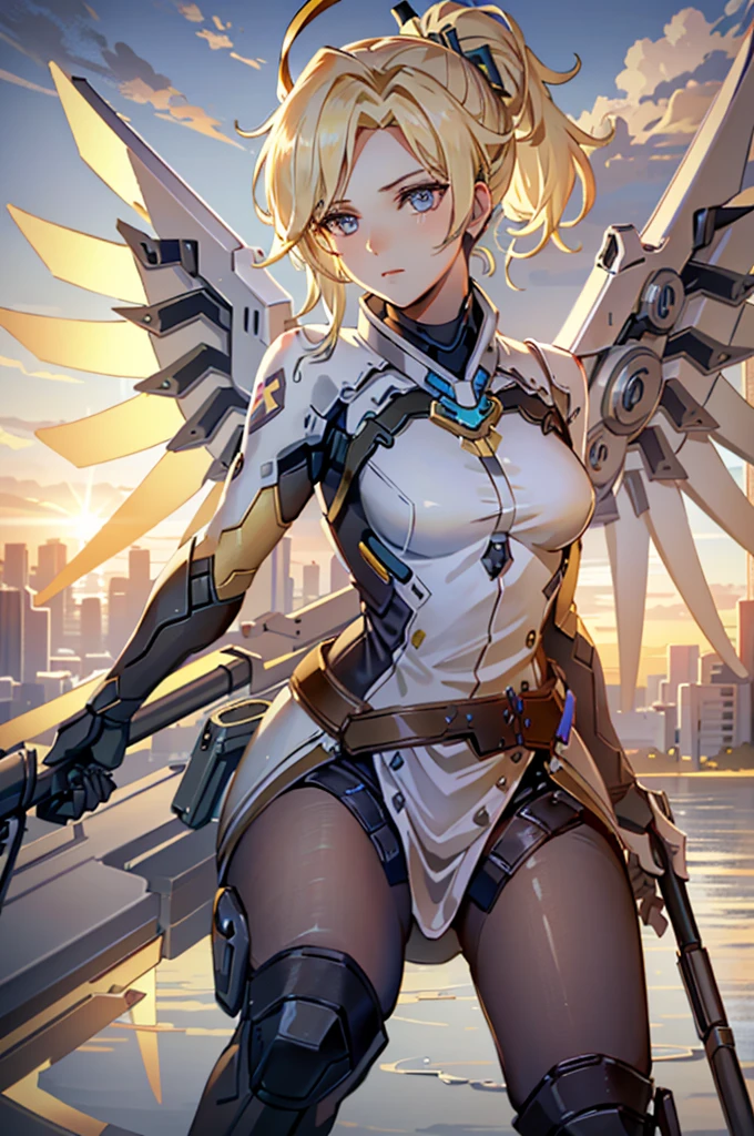 MercyOver, 1girl, mercy (overwatch), mechanical wings, mechanical halo, solo, blonde hair, wings, blue eyes, halo, staff, yellow wings, bodysuit, holding, upper body, lips, holding staff, medium breasts, spread wings, glowing wings, nose, high ponytail, ponytail, portrait, looking at the viewer, sitting on the edge of a tall building, metropolitan city, sunset, highly detailed, detailed face, absurdres, 4k, masterpiece, best quality.