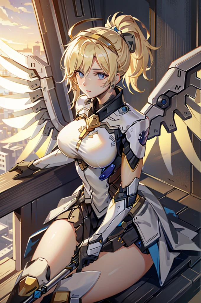 MercyOver, 1girl, mercy (overwatch), mechanical wings, mechanical halo, solo, blonde hair, wings, blue eyes, halo, staff, yellow wings, bodysuit, holding, upper body, lips, holding staff, medium breasts, spread wings, glowing wings, nose, high ponytail, ponytail, portrait, looking at the viewer, sitting on the edge of a tall building, metropolitan city, sunset, highly detailed, detailed face, absurdres, 4k, masterpiece, best quality.