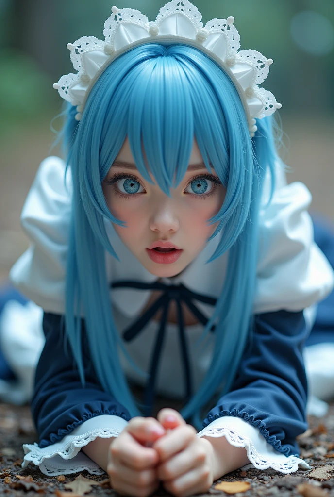 8k, A girl, cosplay rem, looking ahead, mouth wide open, Whole body, lying down,