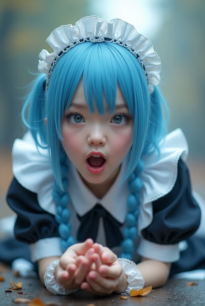 8k, A girl, cosplay rem, looking ahead, mouth wide open, Whole body, lying down,
