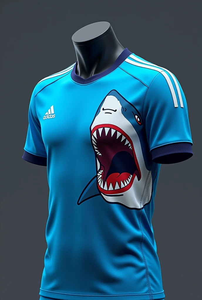 blue football shirt with a shark on the side
