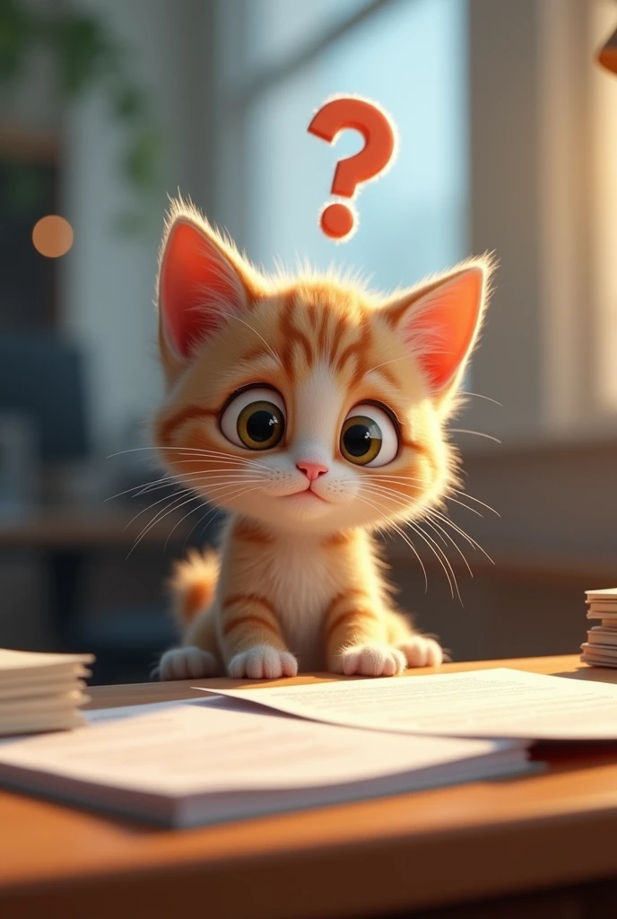 「Pixar-inspired styleで描かれたAIkitten, Sitting at a desk, Looking at the documents, A blank look, eyes wide open, A translucent question mark floating above your head, 3D animation style, Fine texture of fur, Soft lighting, Blurred office scene in the background」
This prompt contains the following elements::
1. you have: 「AIkitten」Expressed as 2. kitten: 「kitten」As stated 3. forgetfulness: Overall situation and facial expressions 4. I'm dumbfounded: 「A blank look」「eyes wide open」
5. Looking at the materials: 「Looking at the documents」
6. A question mark is floating in my head: 「A translucent question mark floating above your head」
7. Pixar-inspired style: 「Pixar-inspired styleで描かれた」「3D animation style」
moreover、To highlight Pixar-esque features and settings、「Sitting at a desk」「Fine texture of fur」「Soft lighting」「Blurred office scene in the background」We also added elements such as。