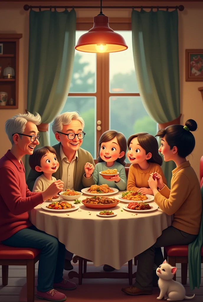 The family gathers around the dining table, sharing stories over a hearty meal.
with kitten 
