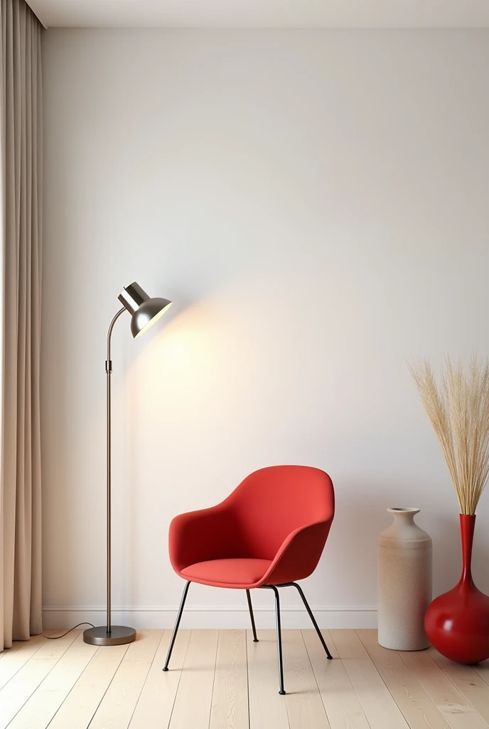 A white room with minimalist décor accessories in beige and red colors, A red modern chair with stainless steel legs and a modern lampshade that has its support base on the light wood floor and rises almost to the ceiling in a stainless steel aste, iluminando a cadeira.
