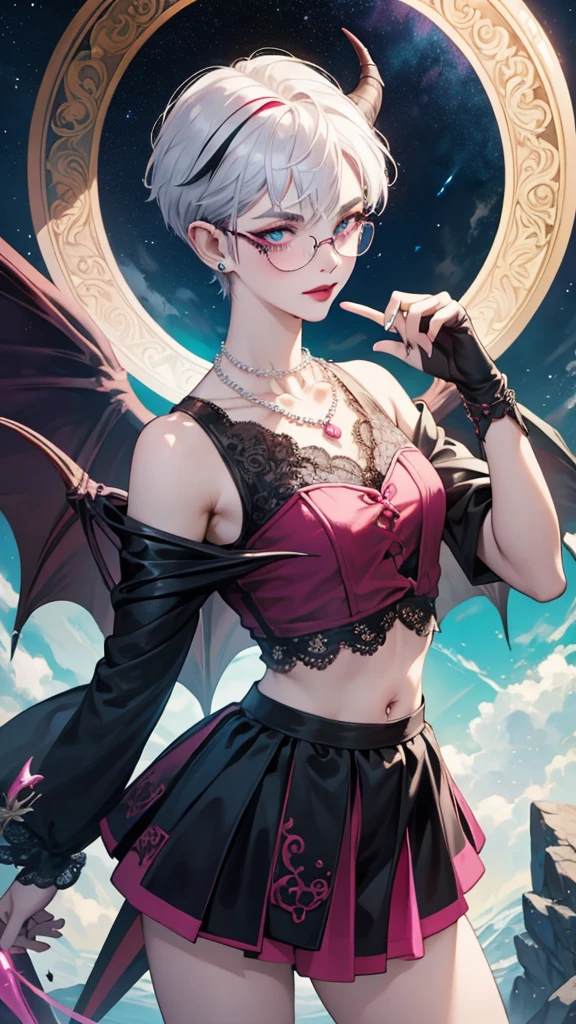 8k, masterpiece, best quality, highly detailed, 1 girl, tiefling, warlock, pixie cut, multicolored hair, very short straight hair red highlight hair on white hair, strippled hair, wearing glasses, round glasses, earrings, navel piercing, red eyeshadow, long eyelashes, blushed cheek, red lips, pearl necklace, rings, collarbone, mole on face, glamorous, teal and pink clothes, sleeveless, miniskirt, smirk, close up view, rings, looking at viewer, demon horns, solo, starry sky, pale blue moon, standing, demonic arms, chains on the background, black lace gloves, hand touching glasses.