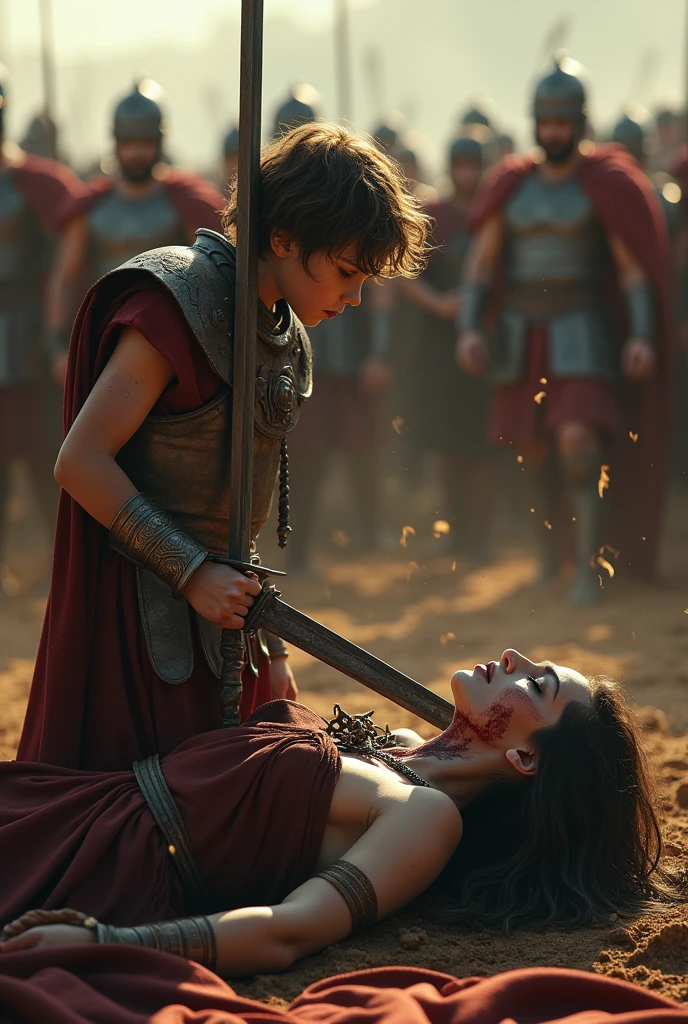 Realism, super quality, action photography style, a defeated woman kneels, her son () holds the tip of a sword to a woman&#39;s throat, knife stab in the throat, Her head is thrown back strongly.., the woman has a large manly Adam&#39;s apple, (woman - 30 year old warrior, throat slit, gothic makeup, pale skin, long hair) (son is ) ancient greece battle