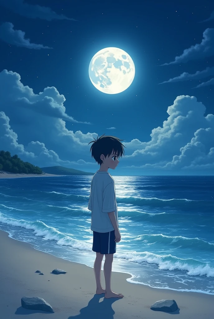 anime picture of a boy in night beach