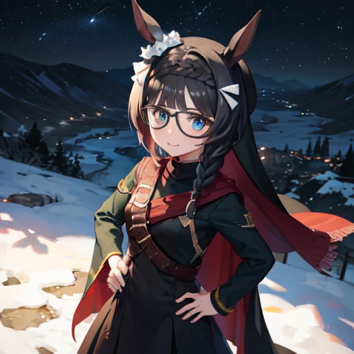 solo、Alone、１Alone。masterpiece, uhd, best quality, highres, 8k、(noline:1.5)、(flat2-dim1:1.5)、shoot from above、upper body shot。Girl with horse ears、beautiful girl、wear black glasses。Light pink lip、Smile。hair ornaments、necklace。turtleneck、Dark green dress、sweater、Attached sleeves、Thick Yarn、Mesh pattern、knitting、Veil、Veil、Cape、beret。The body is turned diagonally to the side、Hands on hips。breeze、Starry Sky、cliff
