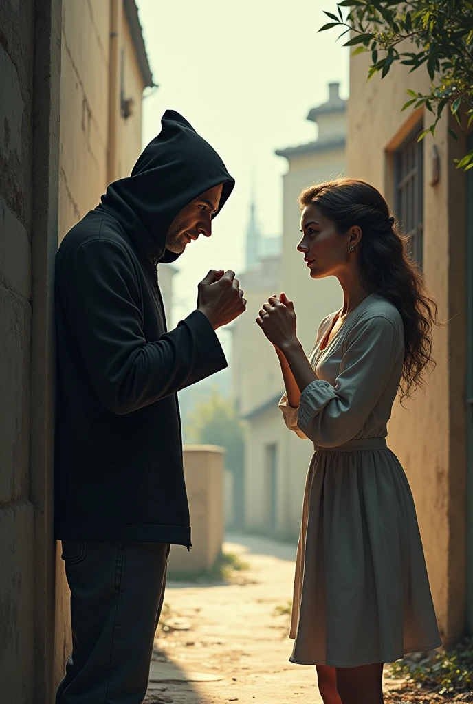 .The thief, now outside, is depicted with a frustrated expression, hands raised in exasperation. The woman is standing with a sheepish grin, slightly shrugging her shoulders, showing she didn’t realize the misunderstanding.