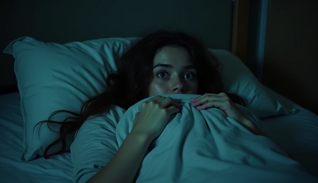  "A dimly lit dorm room at midnight, with a young woman lying in bed, her eyes wide open in fear. The room is silent, but the walls seem to close in, creating a sense of suffocating tension. The woman’s blanket is pulled up to her chin, and she clutches it tightly, as if trying to protect herself from an unseen presence. The atmosphere is thick with dread."