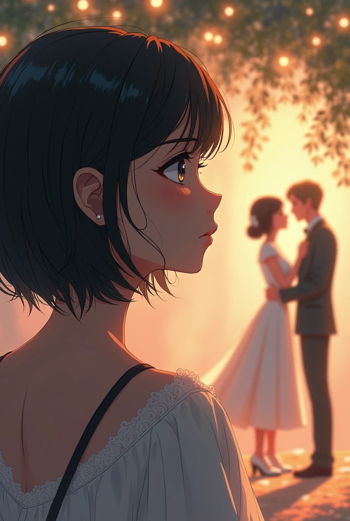 A women with short bob hair, sad face while looking at newlyweds slow dance from afar in anime