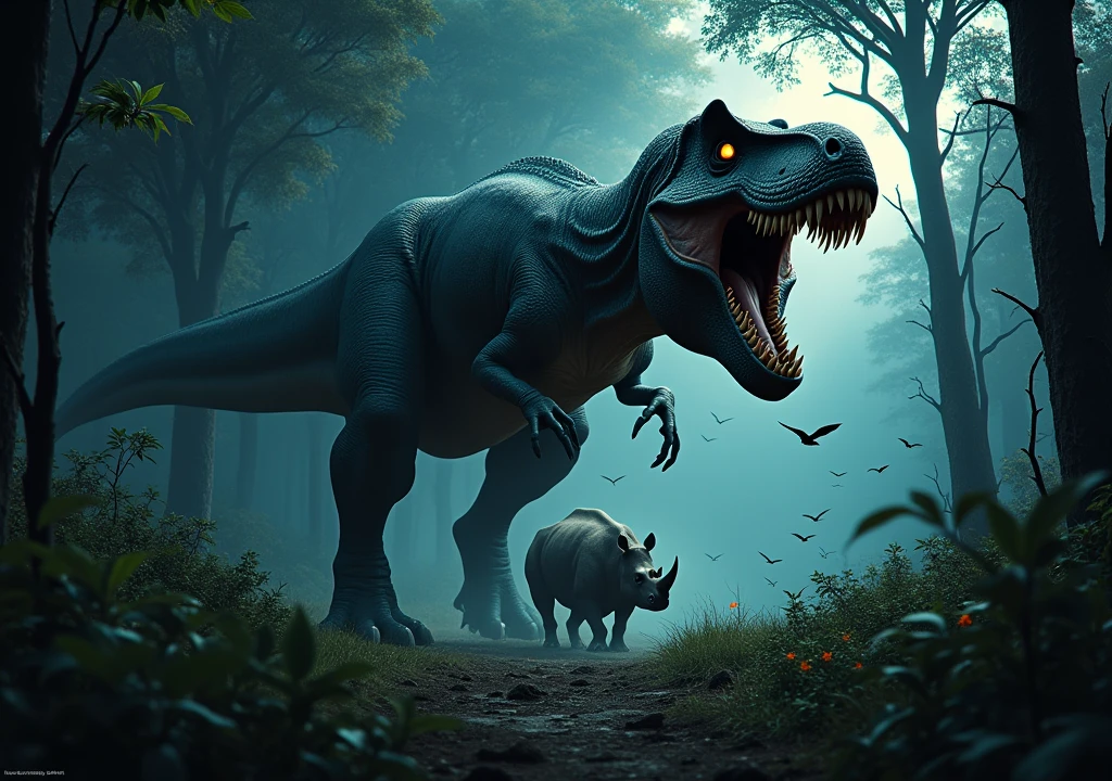 frightful Tiranossauro Rex na floresta africana de noite perseguindo um rinoceronte. Bats flying. Terror. frightful. fear.