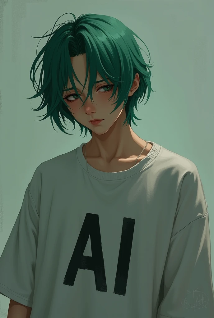 A sad greenish haired guy with a shirt with the AI logo