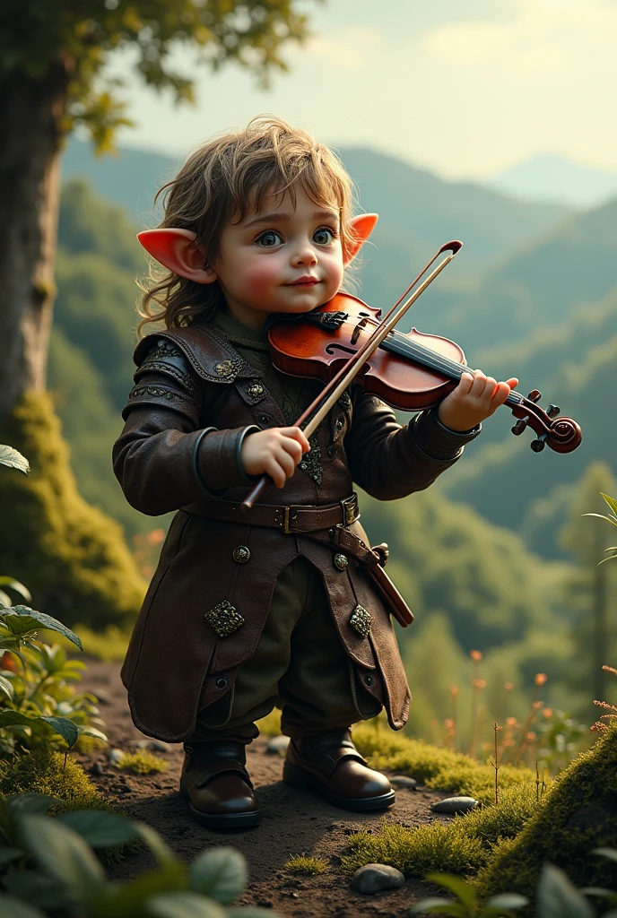 hobbit wearing leather armor with a violin