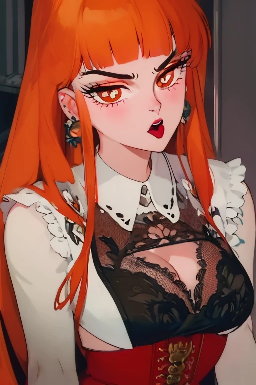 (masterpiece, best quality, photorealistic realistic,) 1 women, blunt bangs, white shirt, orange hair, shiny brown eyes, cleavage, thin eyebrows, eyelashes, lace, licking lips, lingerie, lipstick, long hair, looking at viewer, makeup, nose, open mouth, orange background, red lips, single, tongue out, upper body, arm tattoo, blurred background, close up, chest tattoo, depth of field, makeup, motion blur, shoulder tattoo, tattoo, ear piercing, earrings