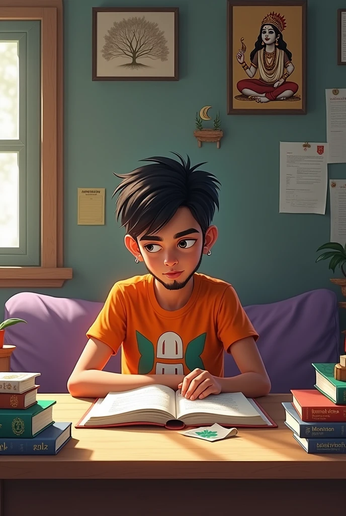 A young boy white in colour with black beard faces, short hair,sitting on a chair in front of her reading table wearing a orange color t-shirt which contain some shite and green design and reading a book.Her reading table is well organized with medical books like davidson,baily and love,obstetrics books.In front of his reading table there is a picture lord krishna,some important notes and a calendar hanging in the wall.There are some crest also present in hos table.Beside her table there is a well organozed bed with violet in color.