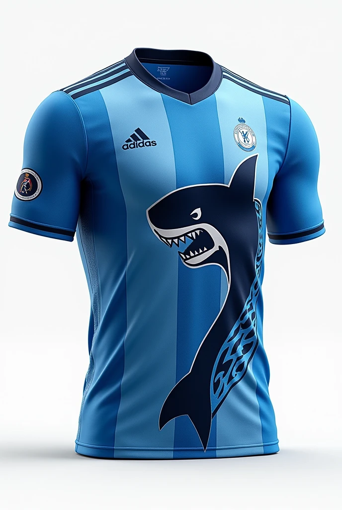 blue and white football shirt with a shark on the side