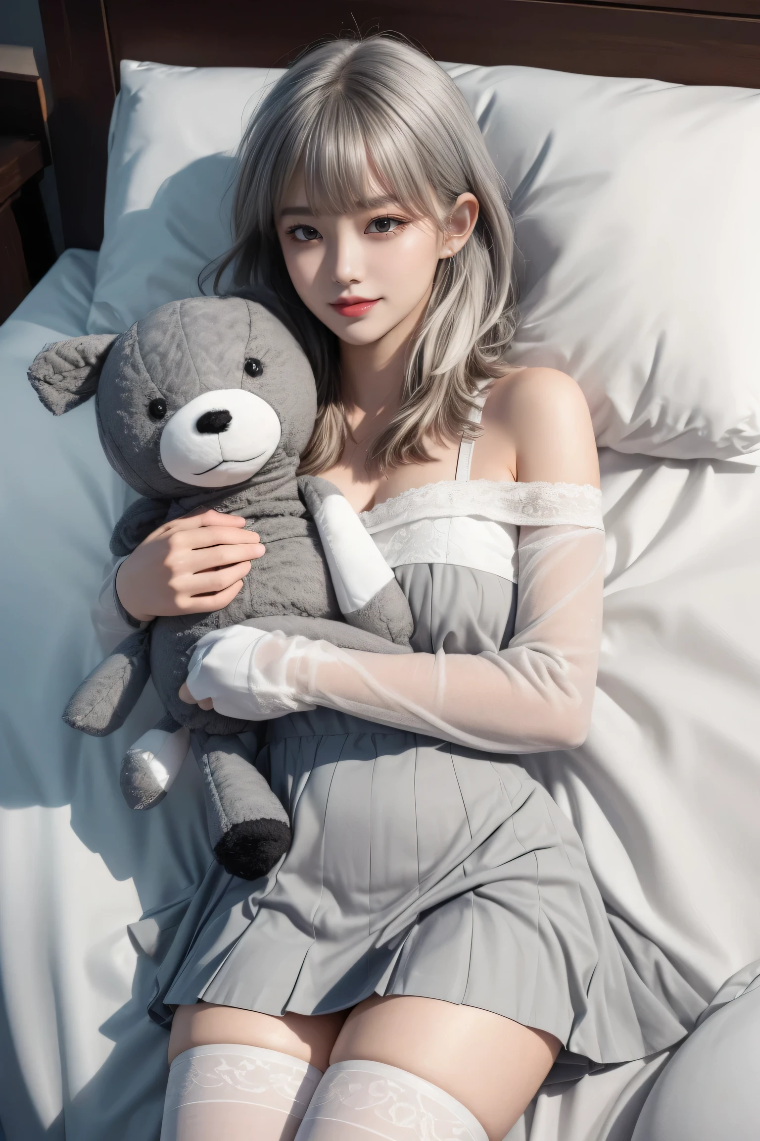 ((Lying in bed))、Mature Woman、Light blue hair、((Light grey hair))、(((Two-tone hair)))、Black taupe dress with delicate light blue decoration、Slender women、Cute Woman、 8K Ultra HD,Detailed face、Delicate texture, Long Hair、(((Blunt bangs)))、(((Drill Hair)))、Tutu skirt、Thigh-length tights、short boots、((Translucent Wet Oriental Ruta))、mini skirt、A room in a Western-style building、((Delicate photo))，(Girl Astepeace RAW Photo Details:1.25), (Highest quality:1.6), (Ultra-high resolution:1.5), (Realistic:1.75), 8k resolution, Canon EOS R5, 50mm, Absurd, Very detailed,Cinema Lighting、((stuffed toy:1.3))、Browsing Caution:1.5(Full Body Shot)、(Eyes closed),