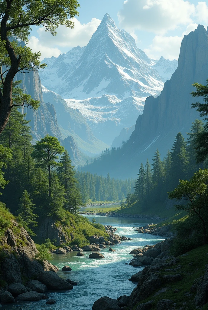 Photorealistic image of a Middle Earth style landscape from Tolkien's novels in 8k quality. as if it were a real photo