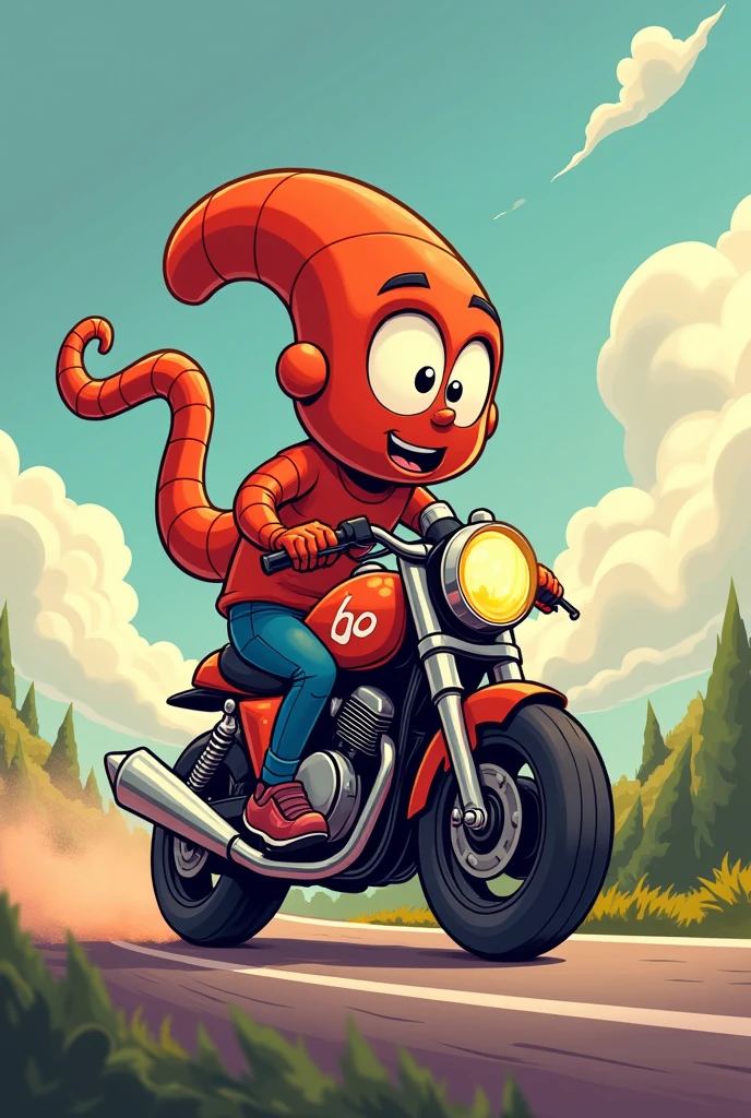 The main body of the Cartoon Man curves like a Question Mark(?) , driving a motorbike, on the motorbike with the letters BO